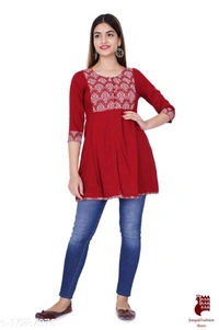 Trendy Sensational Kurtis Trendy Ensemble Kurtis - 1, M, Rayon, Printed, Three-Quarter Sleeves, RED