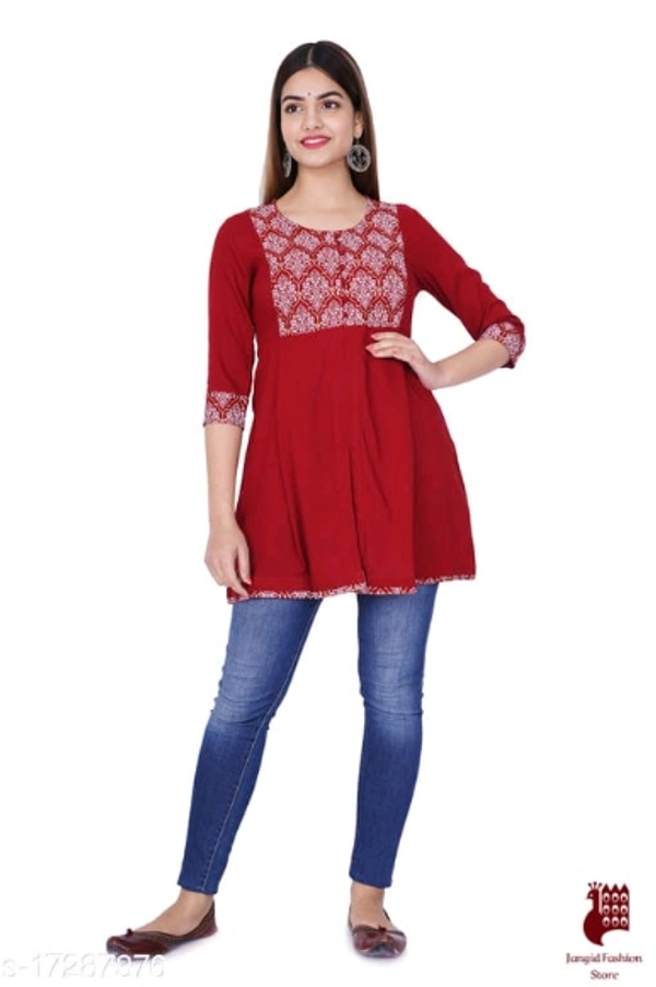 Trendy Sensational Kurtis Trendy Ensemble Kurtis - 1, M, Rayon, Printed, Three-Quarter Sleeves, RED