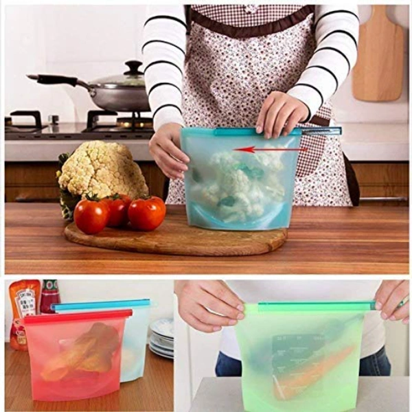 1000ml Leak Proof Airtight Silicon Food Storage Bag for Fridge - Multi Color, Silicon