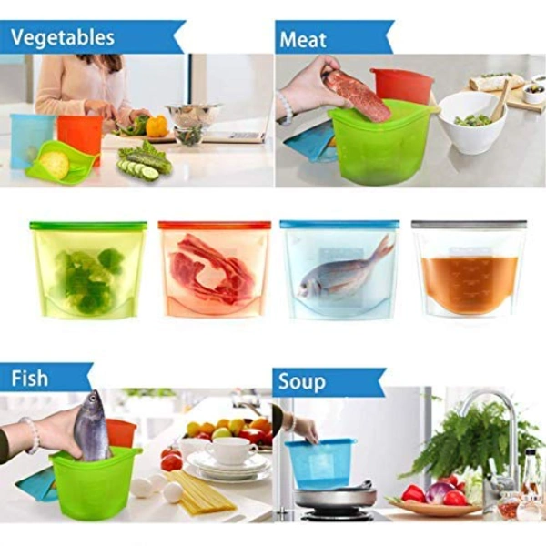 1000ml Leak Proof Airtight Silicon Food Storage Bag for Fridge - Multi Color, Silicon