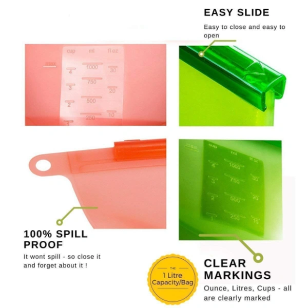 1000ml Leak Proof Airtight Silicon Food Storage Bag for Fridge - Multi Color, Silicon