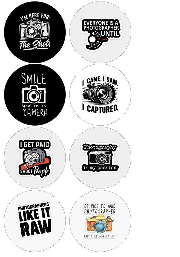 Set of 8 Photography-Themed 58mm Round Badges