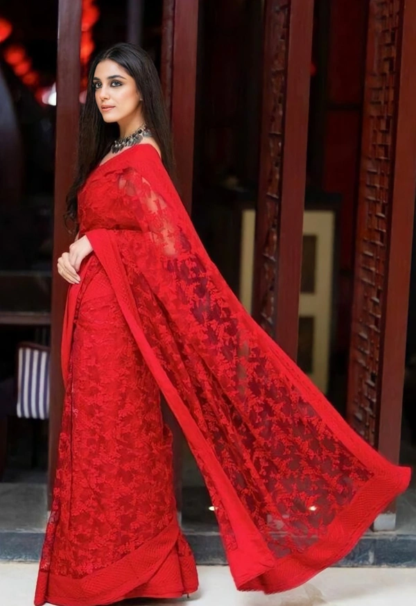 Embroidered Saree - Red