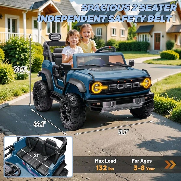 Hot Garage 2 Seater Ride On Car for Kids, 24v Licensed Ford Bronco Raptor Electric Power Ride On Truck Toy with Remote Control, 4 Wheels Shock Absorption, Soft Start, Bluetooth, Radio, 3 Speed - Blue

