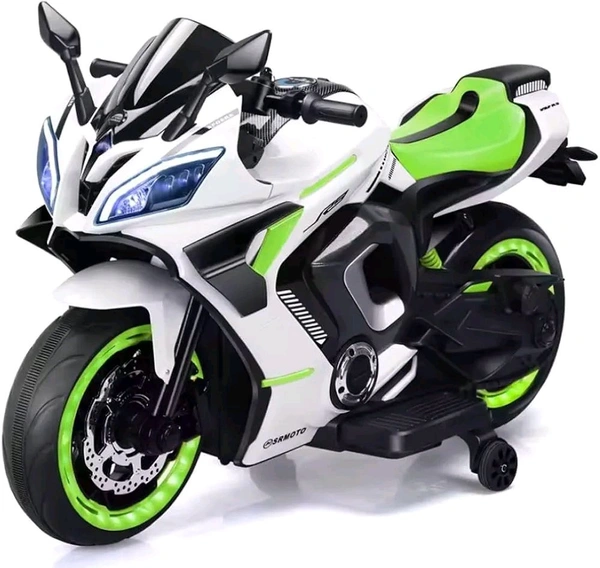 HOT GARAGE Hot Garage R9 Rechargeable PL 6655 12V Battery Operated Ride On Bike for Kids, Fun Electric Bike for Outdoor Adventures | Safe and Fun Kids' Ride-On Toy |1 to 12 Years Green & White Jumbo Size 