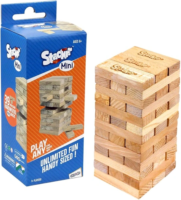 SKOODLE Stackrr Tumbling Tower Game with 39 Precision Wooden Blocks of Premium Beachwood, Fun Game for Adults and Kids, 1 or More Players (Mini)

