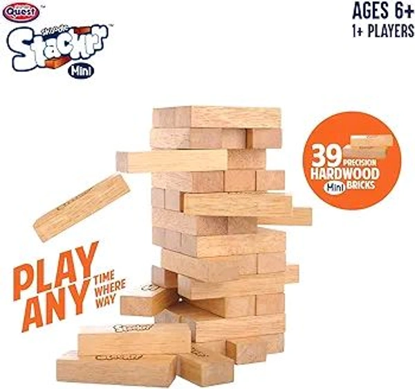 SKOODLE Stackrr Tumbling Tower Game with 39 Precision Wooden Blocks of Premium Beachwood, Fun Game for Adults and Kids, 1 or More Players (Mini)
