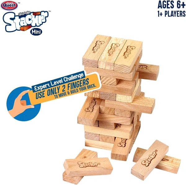 SKOODLE Stackrr Tumbling Tower Game with 39 Precision Wooden Blocks of Premium Beachwood, Fun Game for Adults and Kids, 1 or More Players (Mini)
