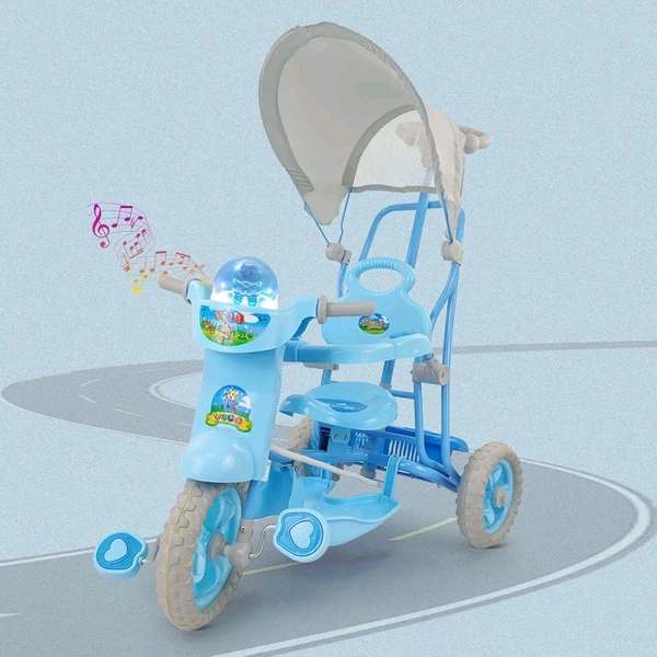 DASH Dash Vega Kids Musical Tricycle with Rear Storage Basket, Foot Rest, Back Support, Adjustable Canopy & Parent Control Push Handle, Capacity Upto 20 kg for Kids (1 to 4 Years, Blue)