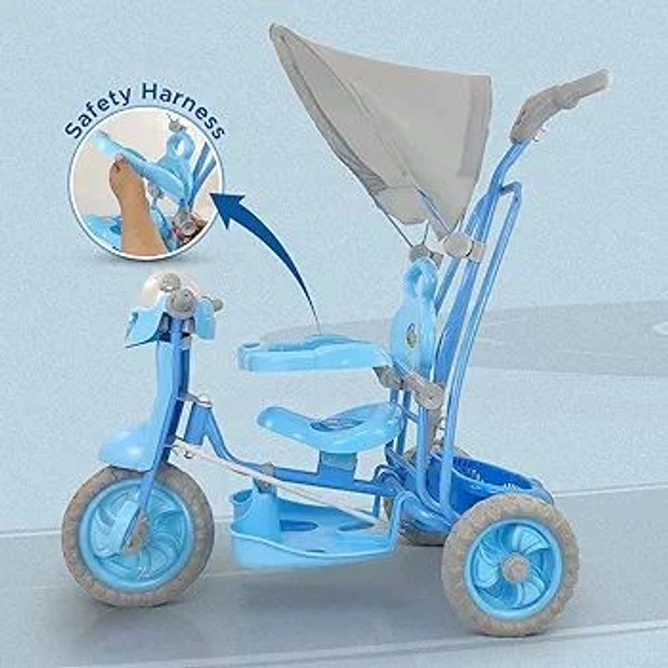 DASH Dash Vega Kids Musical Tricycle with Rear Storage Basket, Foot Rest, Back Support, Adjustable Canopy & Parent Control Push Handle, Capacity Upto 20 kg for Kids (1 to 4 Years, Blue)