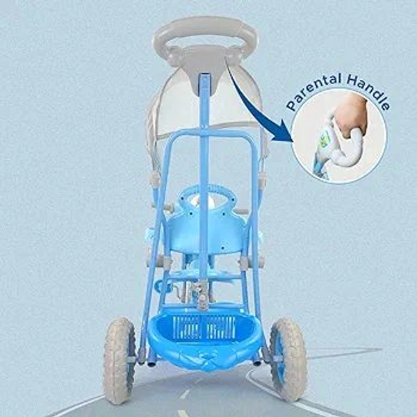 DASH Dash Vega Kids Musical Tricycle with Rear Storage Basket, Foot Rest, Back Support, Adjustable Canopy & Parent Control Push Handle, Capacity Upto 20 kg for Kids (1 to 4 Years, Blue)