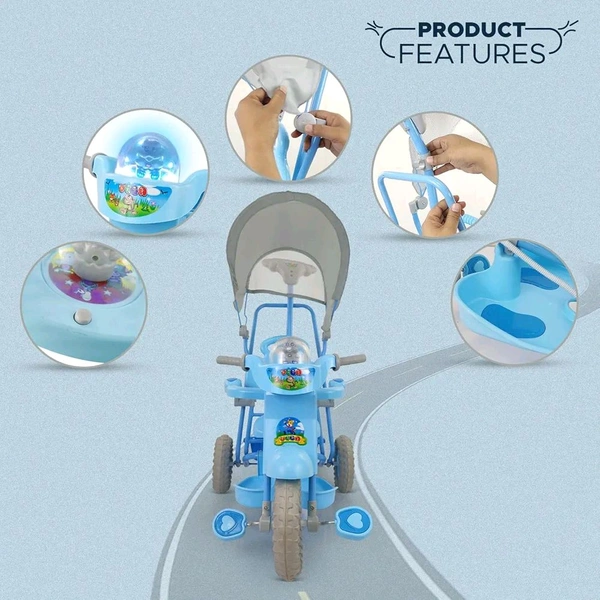 DASH Dash Vega Kids Musical Tricycle with Rear Storage Basket, Foot Rest, Back Support, Adjustable Canopy & Parent Control Push Handle, Capacity Upto 20 kg for Kids (1 to 4 Years, Blue)