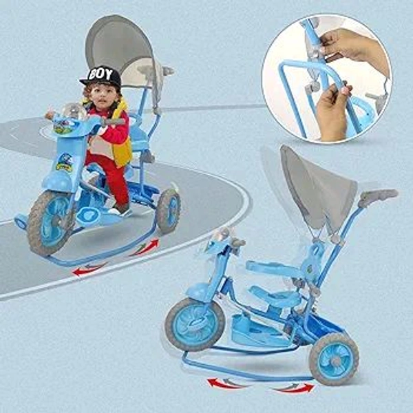 DASH Dash Vega Kids Musical Tricycle with Rear Storage Basket, Foot Rest, Back Support, Adjustable Canopy & Parent Control Push Handle, Capacity Upto 20 kg for Kids (1 to 4 Years, Blue)