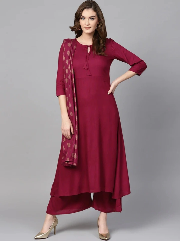 Women Rayon A-line Solid Long Kurti With Palazzos And Dupatta - Maroon, S