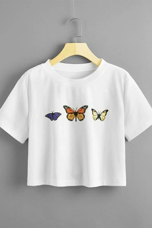 Butterfly Print White Crop Tee - cotton, M (Bust Size: 36 in, Length Size: 16 in) 