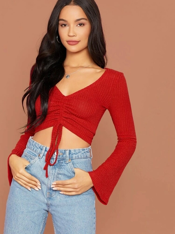 Bell Sleeve Drawstring Ruched Front Ribbed Tee - cotton blend, S (Bust Size: 34 in) 