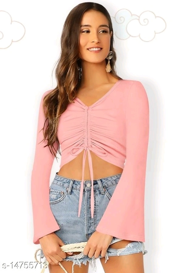 Bell Sleeve Drawstring Ruched Front Ribbed Tee - cotton blend, S (Bust Size: 34 in) 