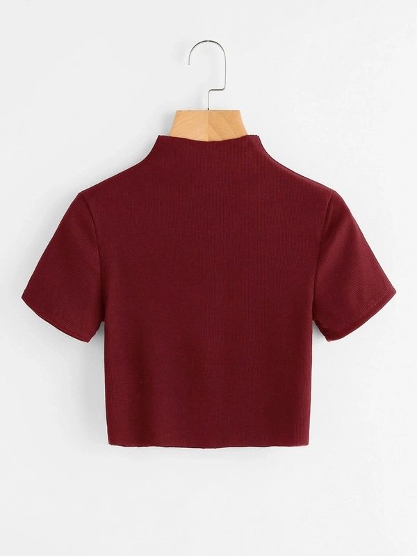 Ribbed High Neck Cropped Tee - cotton, XS (Bust Size: 32 in) 
