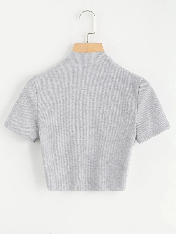 Ribbed High Neck Cropped Tee - cotton, XS (Bust Size: 32 in) 