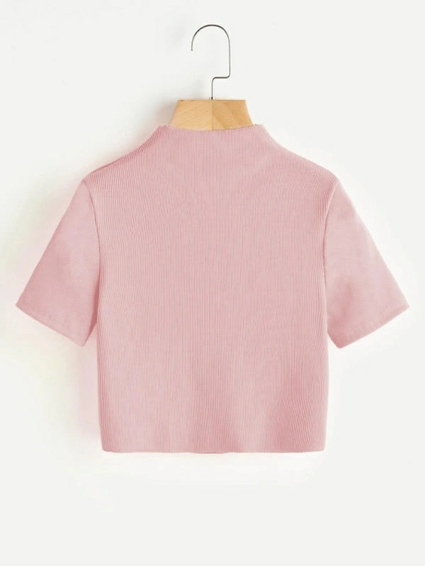 Ribbed High Neck Cropped Tee - cotton, XS (Bust Size: 32 in) 