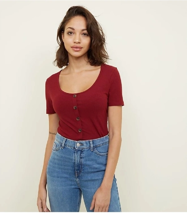 Scoop Neck Rib-Knit Tee - lycra, XS (Bust Size: 14 in, Length Size: 17 in) 