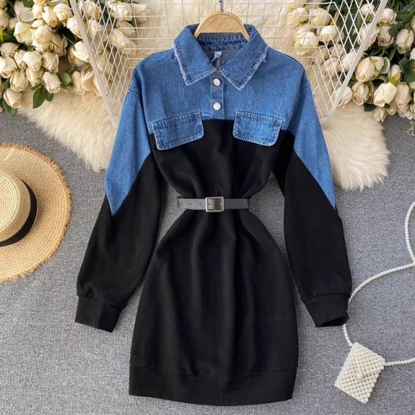 Denim Patchwork Dress - denim, Medium (M) : 34 & 36 Bust, Length 35 