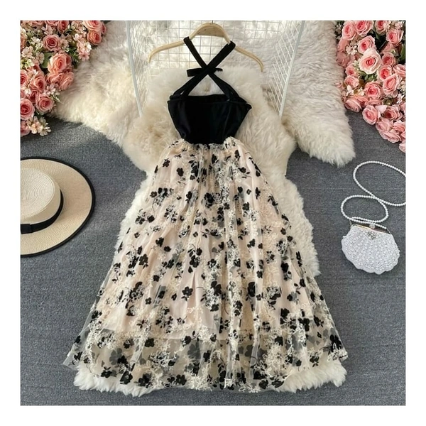 Criss Cross Neck Floral Gauze Dress - Lycra, S (Bust Size: 36 in, Length Size: 36 in) 