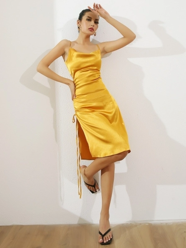 SATIN SIDE SPLIT RUCHED SLEEVELESS DRESS - XS, polyester