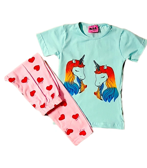 Girls Top leggings set | Clothing Set - 1-2 Yrs, Cotton Bio wash, Turquoise Blue