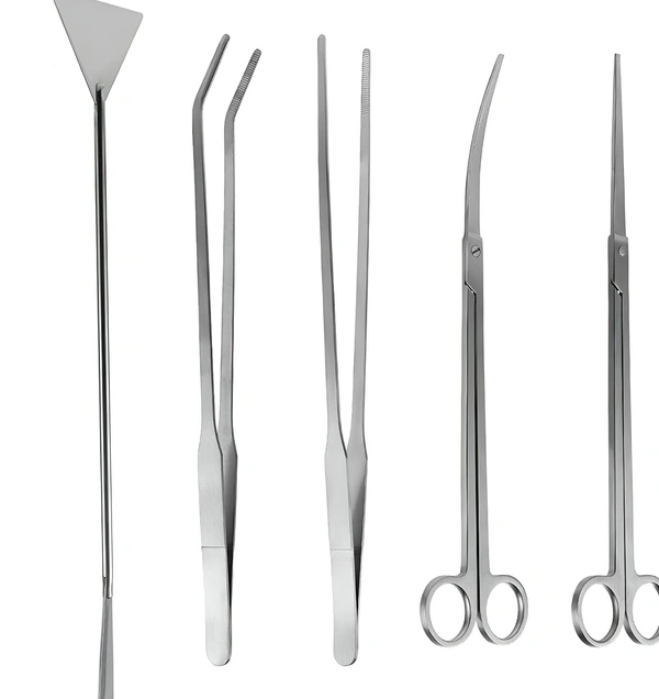 5 in 1 Stainless Steel Aquascaping Tools|Straight Tweezers|Curved Tweeezers|Straight Scissor|Curved Scissor|Spatula