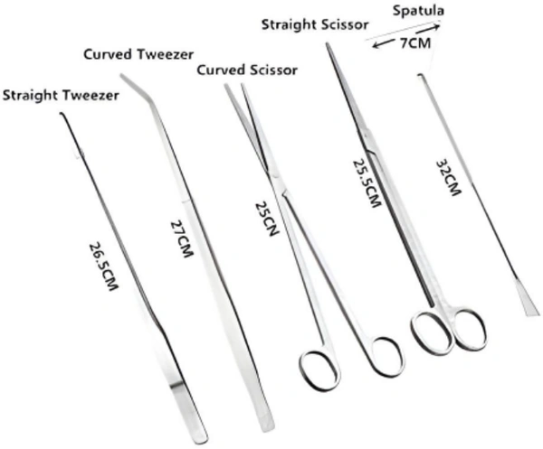 5 in 1 Stainless Steel Aquascaping Tools|Straight Tweezers|Curved Tweeezers|Straight Scissor|Curved Scissor|Spatula