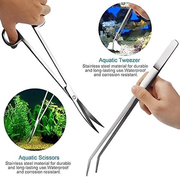 5 in 1 Stainless Steel Aquascaping Tools|Straight Tweezers|Curved Tweeezers|Straight Scissor|Curved Scissor|Spatula