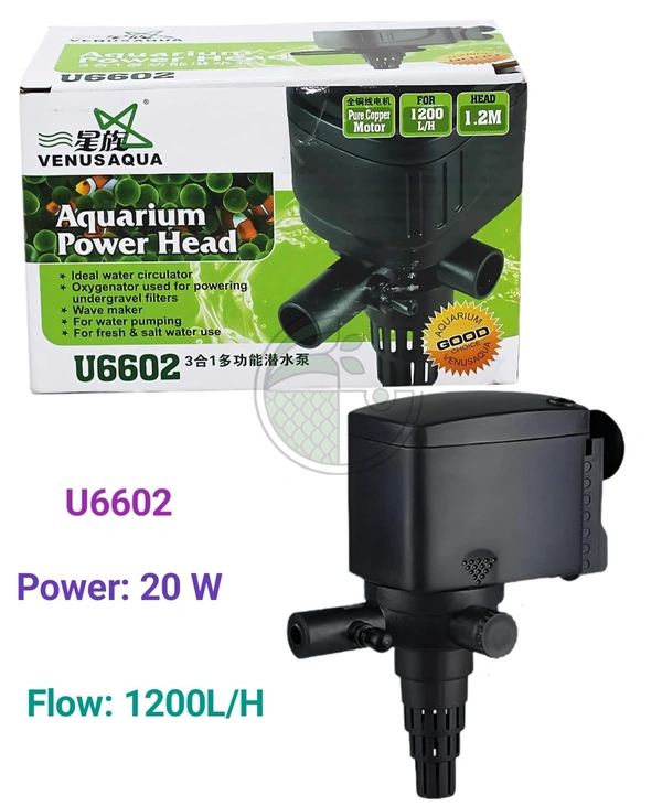 Venus Aqua U6602 Aquarium Power Head – 20W Submersible Pump | 1200L/H Flow | 3-in-1 Filtration & Aeration - U6602, 20W