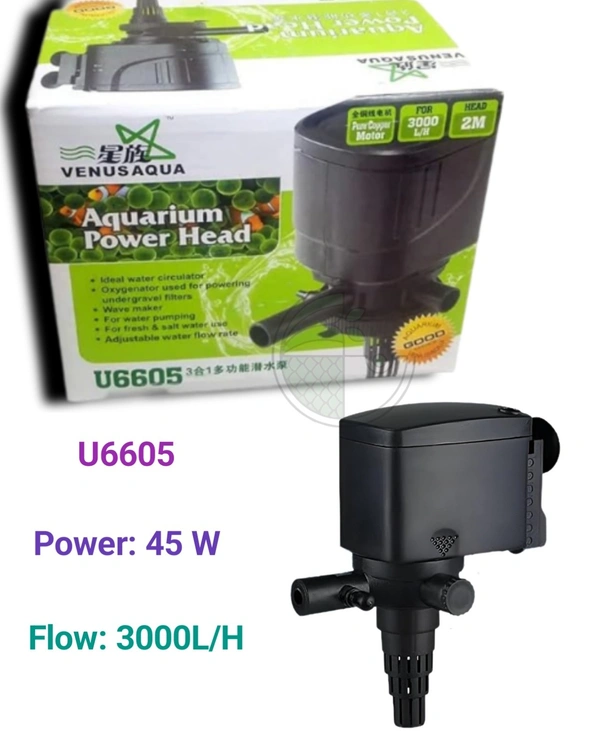 Venus Aqua U6605 Aquarium Power Head – 45W Submersible Pump | 3000L/H Flow | 3-in-1 Filtration & Aeration - U6605, 45W