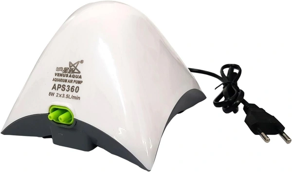 Venus Aqua APS360 Dual Outlet Aquarium Air Pump – 8W Silent Oxygen Pump for Fish Tanks (2 Nos 3.5L/min Output, EU Plug) - 8W-3.5L/M, APS-360