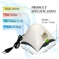 Venus Aqua APS460 Dual Outlet Aquarium Air Pump – 10W Silent Oxygen Pump for Fish Tanks (2 Nos 4L/min Output, EU Plug) - 10W-4L/M, APS-460