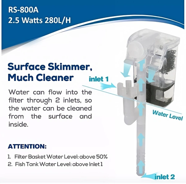 RS RS-800A Hang-On Aquarium Filter – 2.5W Silent 3-Stage Filtration | 280L/H with Surface Skimmer & Flow Control - 2.5W, RS 800A