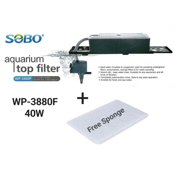 SOBO Top Filter WP-3880F For Aquarium|P: 40 Watt, F: 2500L/H|Free Sponge - WP-3880F/40W