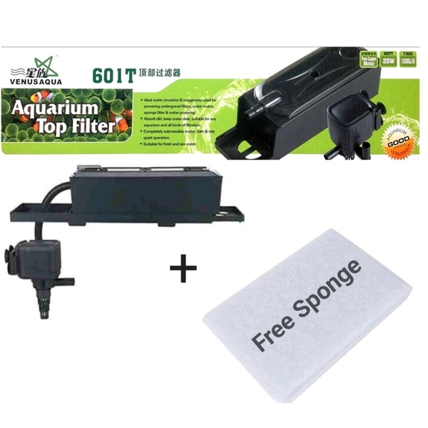Venus Aqua 601T Top Filter For Aquarium|Free Sponge|Power:25 Watt, F. Max.:1500 L/H - 601T/25 Watt