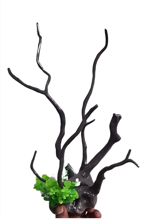 Driftwood Artificial Driftwood Aquarium Decoration – 35cm Tall with Green Plants | Non-Toxic Plastic Aquascape Showpiece