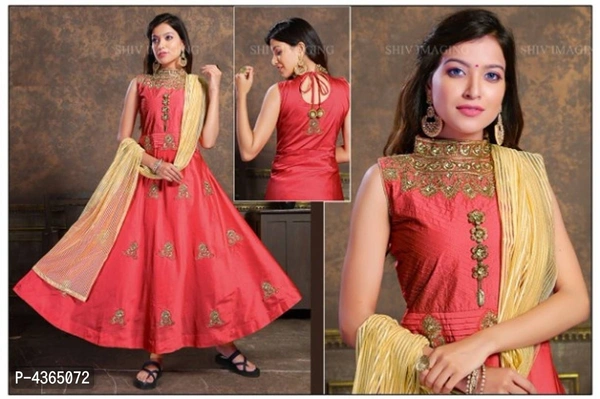 Gown And Leggings With Dupatta Set For Women - Pink, Within 7-9 business days., Taffeta silk, Within 7 days of delivery. Full refund., Free shipping, Stitched, M