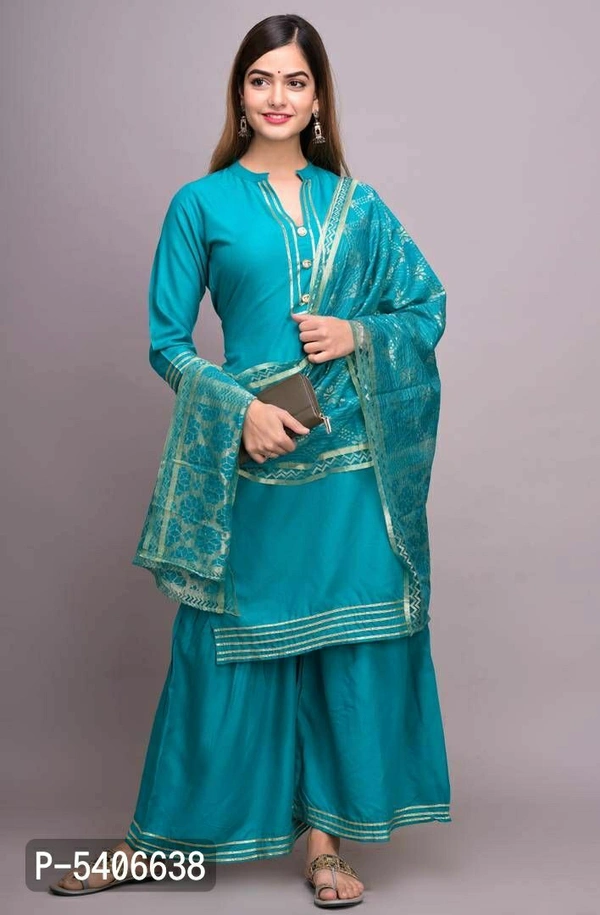Women Rayon Gotta Work Green Kurta Sharara With Dupatta Set - Green, Within 8-10 business days, Rayon, Within 7 days of delivery. Full refund., Free shipping, M, Kurta, Bottom and Dupatta Set, A-Line