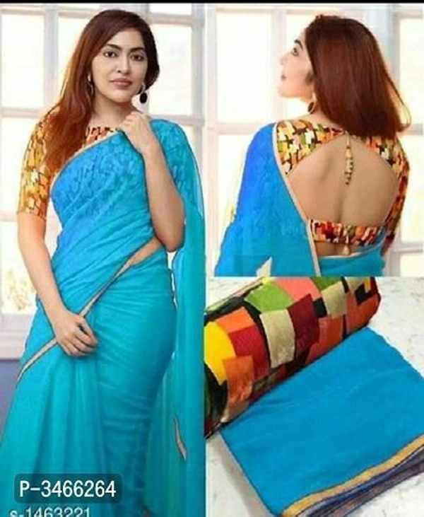 Attractive Georgette Solid Saree with Printed Blouse piece - Free shipping