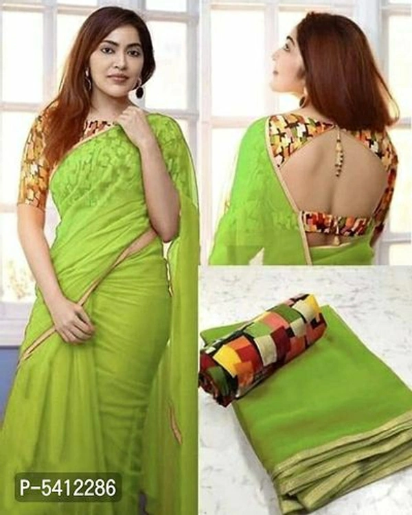 Attractive Georgette Solid Saree with Printed Blouse piece - Free shipping