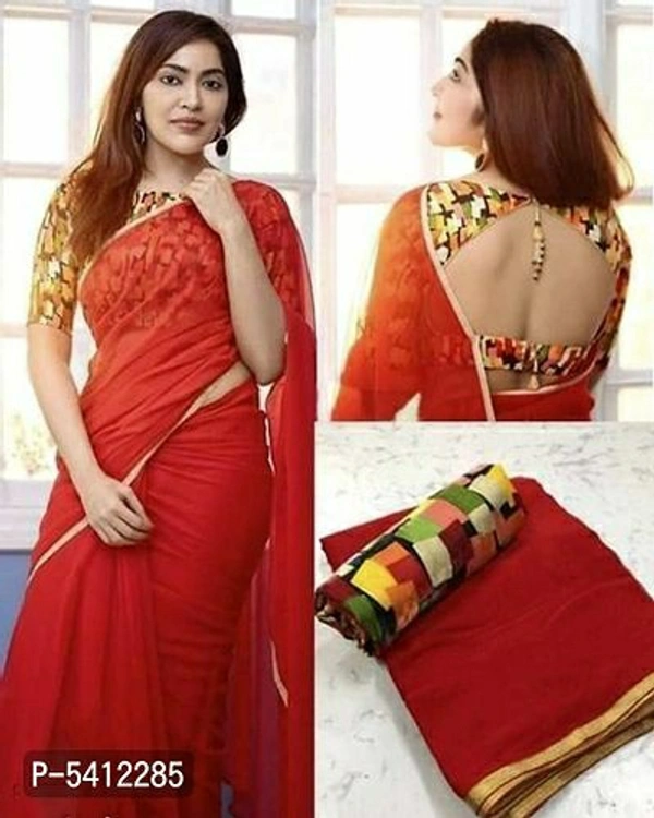 Attractive Georgette Solid Saree with Printed Blouse piece - Free shipping