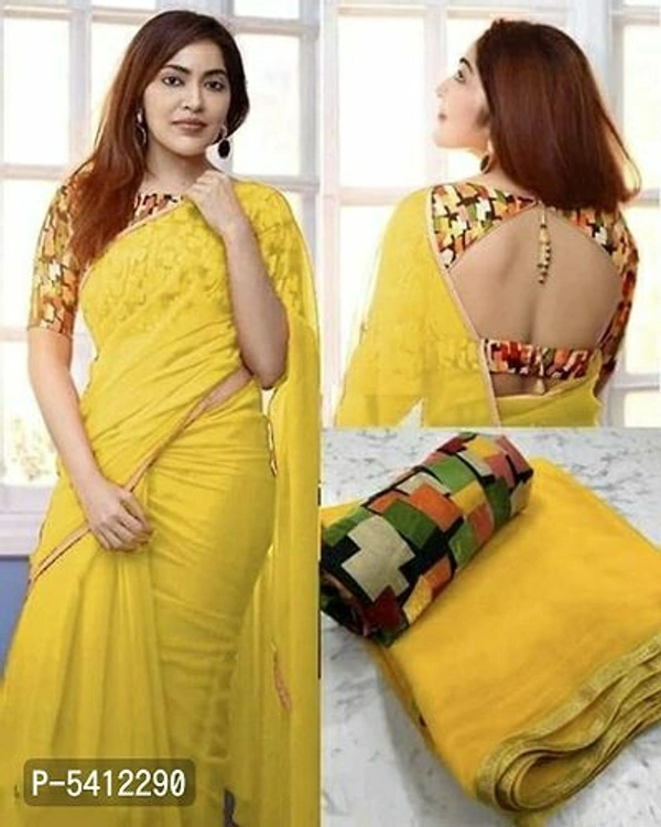 Attractive Georgette Solid Saree with Printed Blouse piece - Free shipping