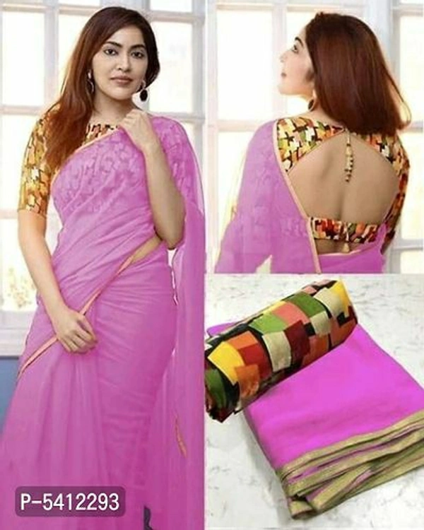 Attractive Georgette Solid Saree with Printed Blouse piece - Free shipping