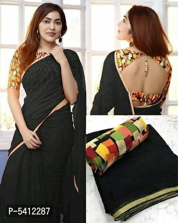 Attractive Georgette Solid Saree with Printed Blouse piece - Free shipping