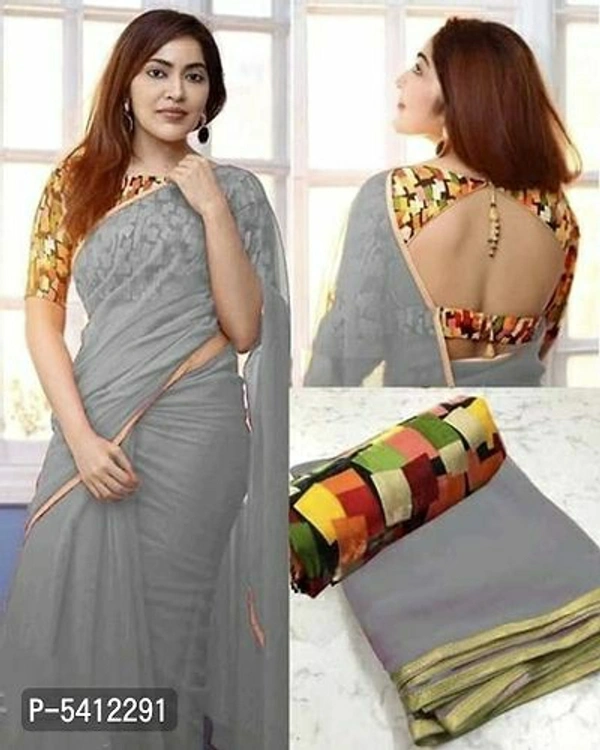 Attractive Georgette Solid Saree with Printed Blouse piece - Free shipping