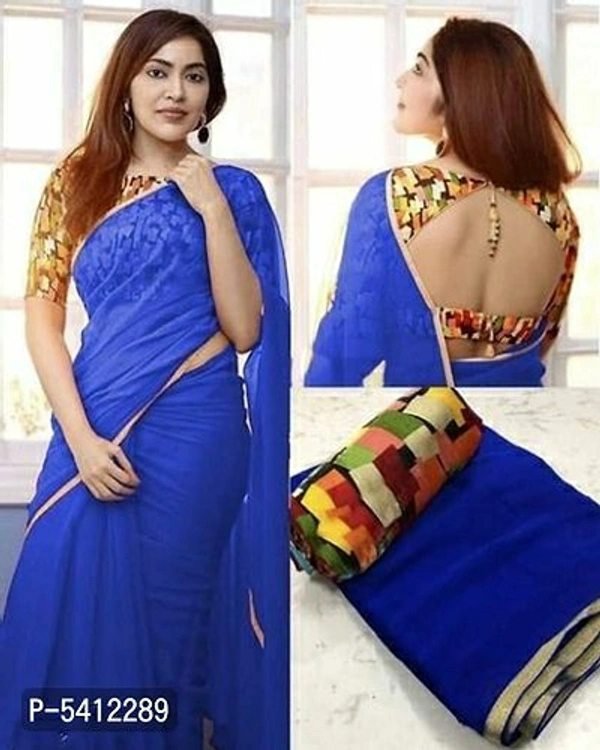 Attractive Georgette Solid Saree with Printed Blouse piece - Free shipping